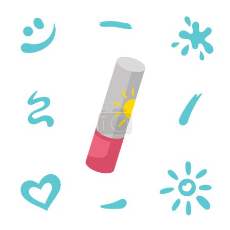 Illustration for Sun protection lipstick, pomade. Beach holidays concept. Flat design, cartoon SPF cosmetic product with suntan cream, lipstick strokes. Sunscreen bottle, jar. - Royalty Free Image