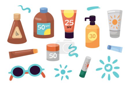 Illustration for Sun protection, safe suntan products set. Sunscreen bottles, jars. Strokes of sunscreen cream strokes. Beach holidays concept. Flat design, cartoon SPF cosmetic products collection. - Royalty Free Image