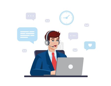 Man wearing formal suit with computer, headset. Concept illustration for support, assistance, call center, bank. Call center Operator, consultant, Manager. Vector illustration in flat style