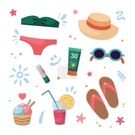 Illustration for Beach holidays concept. Flat design, cartoon illustration. Female Beach accessories, elements. Summer vacation. Sunscreen tubes. Strokes of sunscreen cream. Beach holidays concept. Flat design - Royalty Free Image