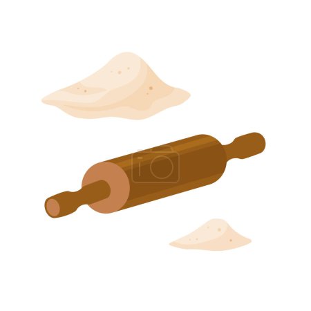 Illustration for Wood Rolling pin with Wheat Flour in cartoon style, vector illustration on white background. Piles of flour. Flour piles, plunger in cartoon style. Vector illustration isolated on white background. - Royalty Free Image