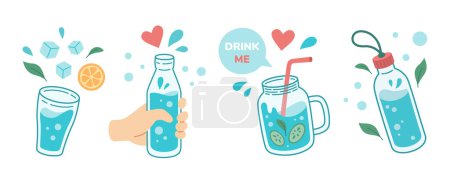 Trinken Sie mehr Wasser Konzept, Trinkwasser in Trinkglas, Glas, Glasflasche. Korrekte tägliche Gewohnheiten, Morgenrituale, Entgiftung. Keine Verschwendung. Handgezeichnete Vektor-Illustration.