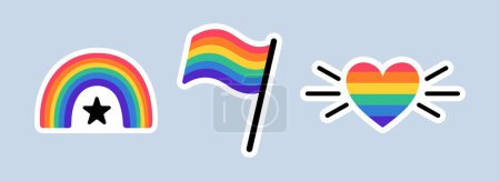 LGBT stickers pack in doodle style. LGBTQ set. LGBT pride community Symbols. Rainbow colored elements - flag, heart, rainbow.