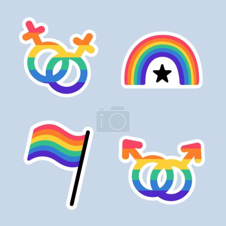 Stickers LGBT emballés dans le style doodle. Ensemble LGBTQ. Symboles de la communauté LGBT pride. Éléments de couleur arc-en-ciel drapeau, coeur, arc-en-ciel. Signe d'homosexualité, lesbiennes