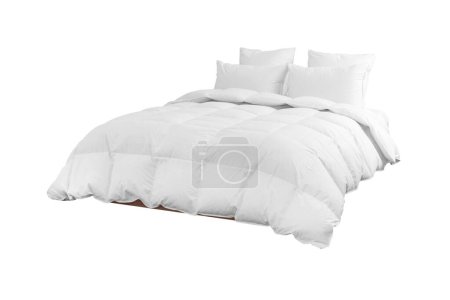 Contemporary white bed with linen isolated on white background and clipping path