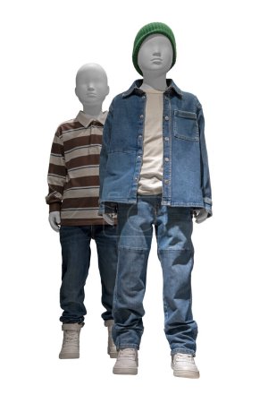 Photo for Child mannequins dressed in stripped sweater and blue jeans isolated on white background. No brand names or copyright objects. Boys in stylish clothes - Royalty Free Image