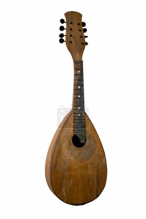 Ancient wooden lute isolated on white background with clipping path. Old string musical instrument