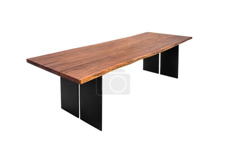 Foto de Mesa con tapa de madera maciza y patas de metal negro aisladas sobre fondo blanco. Serie de muebles - Imagen libre de derechos