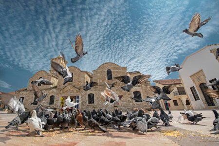 Pigeons volant devant l'église grecque orthodoxe du IXe siècle d'Ayios Lazarus à Larnaca, dans le sud de Chypre. Connue sous le nom d'église Saint Lazare. Vue grand angle bas