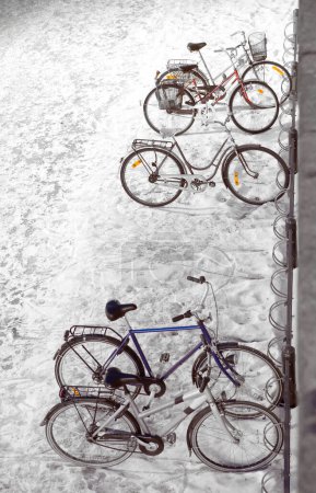 Photo for High angle view of bikes in a bicycle stand in winter, casting shadows in snow on the ground - Royalty Free Image