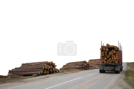 Photo for Trailerwith timber on forest road, and heaps of timber on the side of the road. Isolated on white. - Royalty Free Image