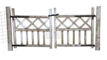 Photo for Old wooden gate painted in dirty flaking white paint, isolated on white - Royalty Free Image