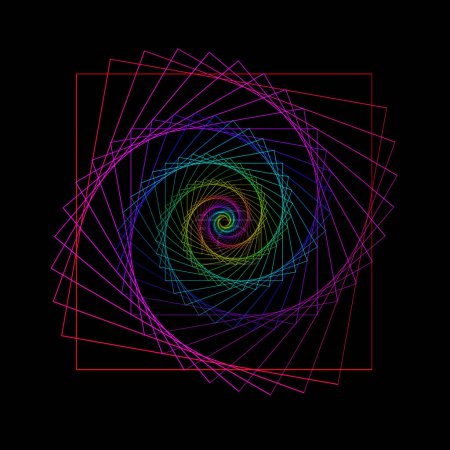 Téléchargez les photos : Spectre lumineux carrés tournants sur fond noir, formant une spirale - en image libre de droit