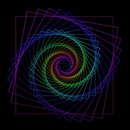 Téléchargez les photos : Spectre lumineux carrés rotatifs formant une spirale, sur fond noir. - en image libre de droit