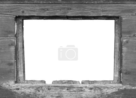 Photo for Window frame in ancient wooden weathered shed, isolated on white, add your own view - Royalty Free Image