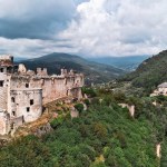 Travel report with a drone: overhead picture of the historic remains of Castel Govone in Finale Ligur