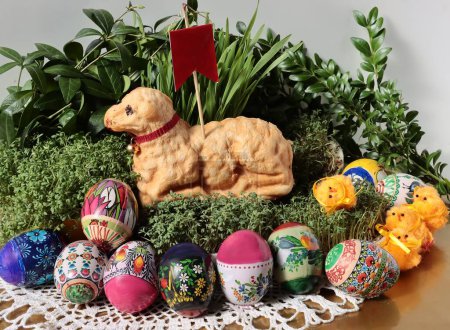celebration Traditional Easter  Holidays with Lamb,food,green plants and Easter eggs   