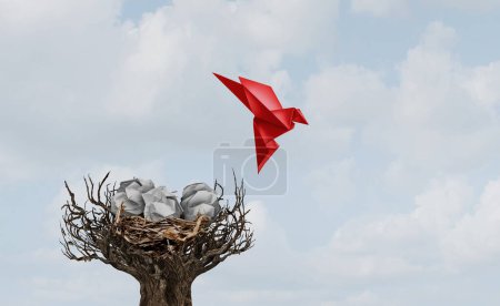 Quitter la métaphore du nid comme concept de développement des compétences et être prêt à l'occasion en tant que groupe d'?ufs en papier froissés avec un oiseau origami volant s'envoler pour un nouveau voyage.