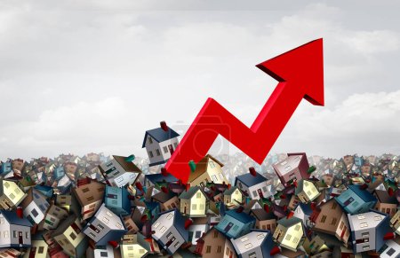 Steigende Hypothekenzinsen und steigende Hypotheken oder steigende Eigenheimzinsen und Häuserpreise, die aufgrund von Inflation und Finanzkrise steigen, als finanzieller Graphikpfeil mit 3D-Renderelementen.