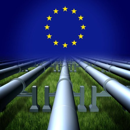 Energiekrise in Europa als Probleme der Gas- und Ölversorgung der EU aufgrund von Krieg und Konflikt mit einer Pipeline und Gasleitungen, die Brennstoff in die Europäische Union transportieren, mit 3D-Illustrationselementen.