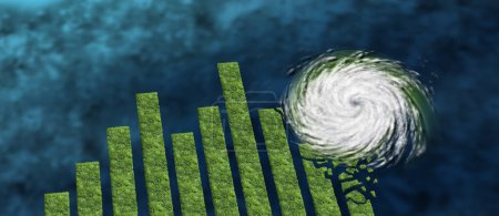 Financial Storm Concept als turbulente wirtschaftliche Phase und Rezession oder wirtschaftliche Depression mit schädlichen Hurrikanwinden oder Tornado-Wirbeln, die Inseln schädigen, die als Finanzgrafik in 3D-Illustrationsstil geformt sind.
