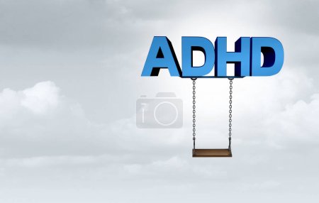 ADHS-Konzept für Hyperaktivitätsstörung und Aufmerksamkeitsdefizitverhalten als Schulparkschaukel aus Buchstaben als Gesundheitssymbol für psychische Störungen im Kindesalter Gesundheitsprobleme mit 3D-Renderelementen.