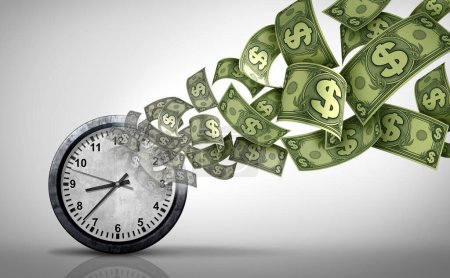 Zeit ist Geld als Aphorismus oder betriebswirtschaftlicher Rat zum Sparen von Vermögen oder zum Verlust von Eigenkapital und Abschreibungen oder Wertminderungen und Stundenlohnkonzept als 3D-Illustration.