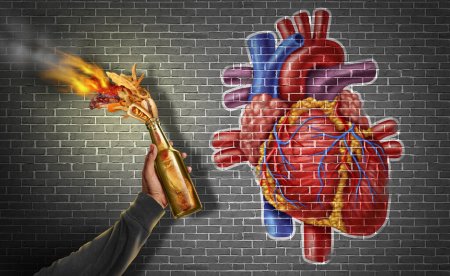 Herz Gesundheit Gefährliche Lebensmittel und gefährliche Ernährung als Molotow-Cocktail mit fettreicher Nahrung als Junk-Food und Cholesterin reich an gesättigten Fettsäuren und verarbeiteten Lebensmitteln als Gefahr für den menschlichen Körper mit 3D-Illustrationselementen