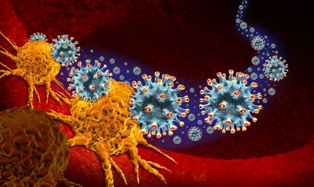 Viruses Cells Killing Cancer as an Oncolytic Virus immunology and immunotherapy Therapy to kill cancer by attacking the malignant tumor cell and infecting them and destroying the pathogen as a 3D render.
