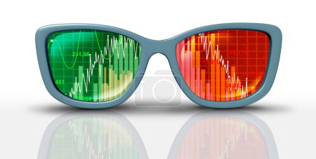 Wirtschaftsprognose und Finanzausblick oder geschäftliche Einsichten und Anlageberatung mit Börsenzukunftsprognosen als Brille, die eine höhere und niedrigere Wirtschaftsleistung mit 3D-Illustrationselementen widerspiegelt