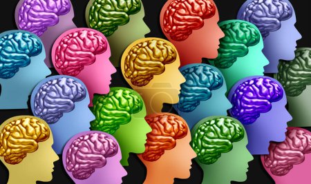Neurodiversité et Neurodivergence en tant que trouble du spectre autistique ou dyslexie Syndrome de la Tourette TDAH ASC, Dyspraxie Dyscalculie en tant que santé mentale diversité du cerveau et psychologie avec des éléments d'illustration 3D.
