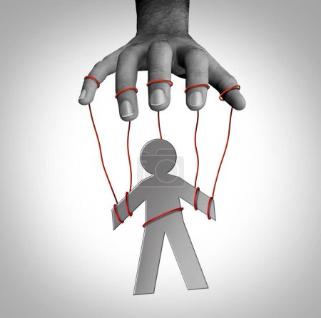Manipulator-Konzept und Puppenspieler-Symbol als Person auf Saiten als Ikone, die von jemandem kontrolliert wird, der manipuliert und für Ausbeutung oder Dominanz als psychologischer Missbrauch in einem 3D-Illustrationsstil tanzt.