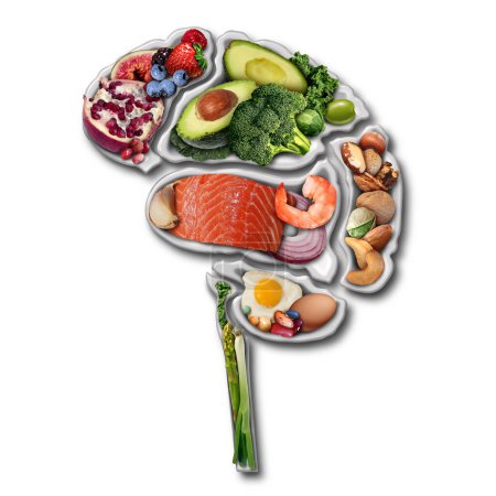Brain Power Food zur Stärkung des Ernährungskonzepts Brainpower als Gruppe nahrhafter Nüsse Fischgemüse und Beeren reich an Omega-3-Fettsäuren auf Tellern für kognitive Gesundheit und psychisches Wohlbefinden mit 3D-Illustrationselementen.