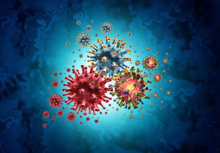 Gripe covid tripledémica y VRS o virus sincitial respiratorio con tres células patógenas células infecciosas peligrosas como ilustración 3D.