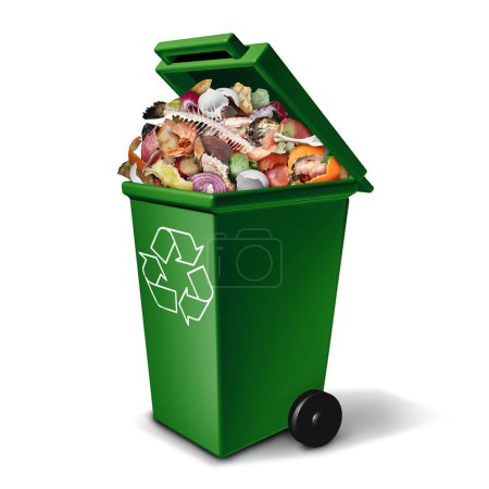 Kompostgrüne Tonne und Kompostierung Recycling-Abfallbehälter zum Recyceln von organischen Abfällen und kompostierten Lebensmitteln zur Umwandlung in Dünger als Konzept des Umweltschutzes für einen gesunden Planeten mit 3D-Illustrationselementen.