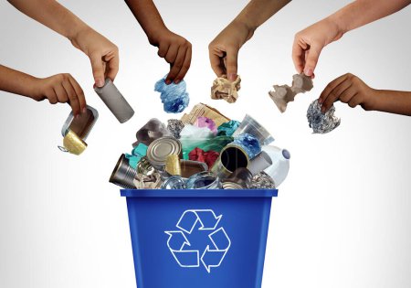 Community Recycling als blaue Recyclingtonne zum Recyceln von Abfall und Müll als Wertstoffmanagement als Altglasmetall und Kunststoff im Müllcontainer als Konzept des Umweltschutzes mit 3D-Illustrationselementen.