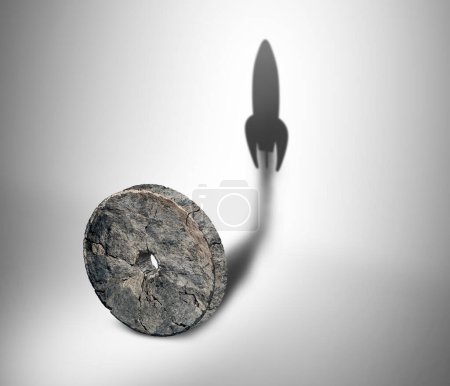 Potential of technology and to accelerate invention and the evolution of tech as a stone wheel casting a shadow of an advanced rocket blasting off to forge ahead into the future in a 3D illustration style.