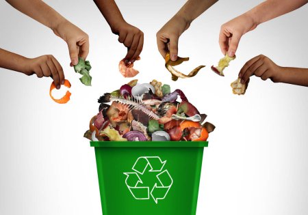 People Composting together and community green bin compost and recycling garbage as a container to recycle organic waste and composted food for fertilizer as a concept of environmental conservation with 3D illustration elements.