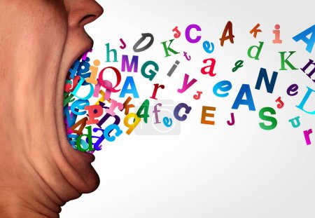 Grammer And Phonics or Learning language and spoken word and Autistic spectrum or Dyslexia disorder concept as an open human mouth made of Alphabet letters as a symbol for education and mental health in a 3D illustration style.