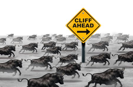 Following The Herd Danger as groupthink with a group of bulls heading to thier demise with warning signs as a business metaphor of caution to not follow the very popular trend in a 3D illustration style.