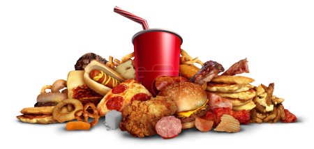 Der Verzehr von Junk Food als gebratenes Essen Hamburger Softdrinks, die zu gesundheitlichen Risiken wie Fettleibigkeit und Diabetes führen, als gebratene Lebensmittel mit hohem Anteil an ungesunden Fetten auf weißem Hintergrund mit 3D-Illustrationselementen.