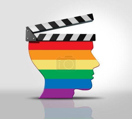 LGBTQ-Filme und LGBT-Kino als Diversity In Movies und sexuelle Orientierung oder geschlechtliche Identitätsdarstellung in der Film- und Unterhaltungsindustrie mit den Farben der Pride-Flagge als schwule und lesbische Schauspieler und Regisseure als Filmklapper mit 3D-Brille