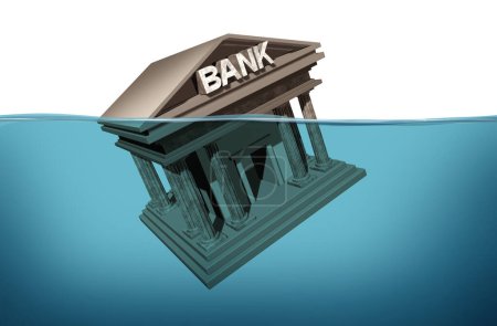 Crise bancaire et système bancaire noyés dans la dette en tant que concept d'instabilité financière ou d'insolvabilité en tant que problème urgent des affaires et du marché mondial en illustration 3D.