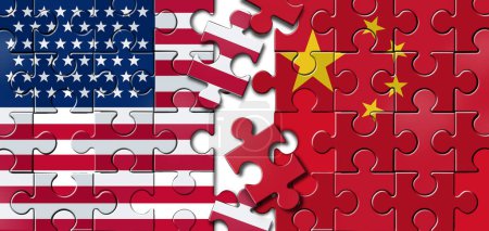 Chinese American Challenges and China United States dispute or economic puzzle and geopolitical dispute concept in a 3D illustration style.