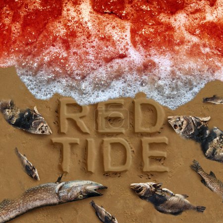 Rote Flut als schädliche Algenblüte als Strandwarnung mit gefährlichem natürlichen Toxin im Ozean oder Meeresgiften - ein Konzept für tödliche natürliche giftige Algen im 3D-Illustrationsstil.