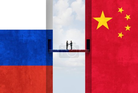 China Russia meeting and geopolitical support and economic Agreement as a Russian deal or Chinese negotiations and political pact between Moscow and Beijing concept with 3D illustration elements.
