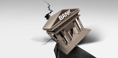 Colapso bancario y crisis bancaria o sistema de crédito global cayendo en deuda como inestabilidad financiera o concepto de insolvencia como problema urgente de liquidez empresarial como ilustración 3D.