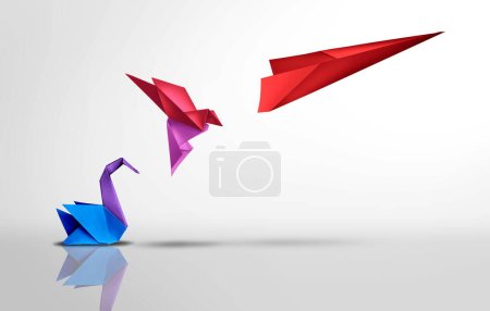 Transformation und Erfolg oder Erfolgstransformation und Verbesserung als Führung im Geschäft durch Innovation und Evolutionskonzept mit Papier-Origami zum Besseren verändert. 
