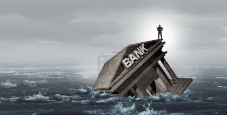 Bankrott und Bankenkrise oder Banken, die in Schulden ertrinken, mit finanzieller Instabilität oder Insolvenzkonzept als dringendes Geschäfts- und globales Marktproblem als 3D-Illustration.