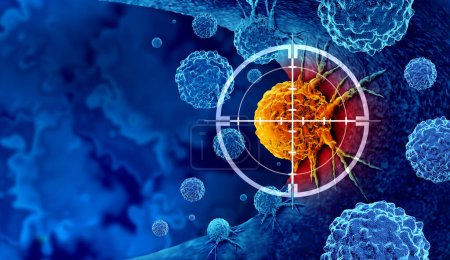 Detección y detección del cáncer como tratamiento para las células malignas con una biopsia o pruebas causadas por carcinógenos y genética con una célula cancerosa como símbolo de inmunoterapia como representación 3D.